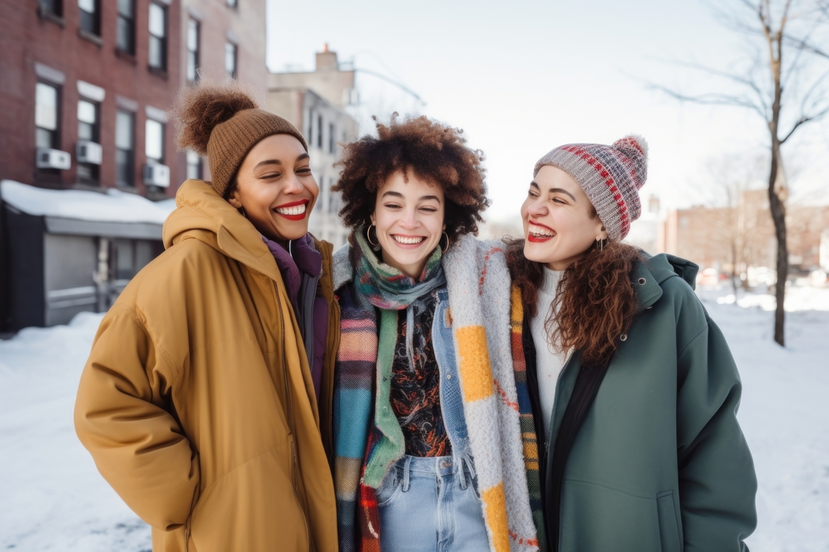 group of 3 young women smiling while wearing jackets and beanies outside in the cold weather
